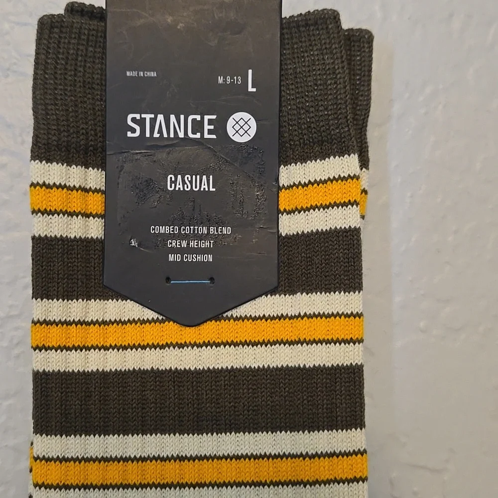 Stance Casual Striped Socks - Olive Green, Yellow, Cream, Mens L 9-13, Cotton